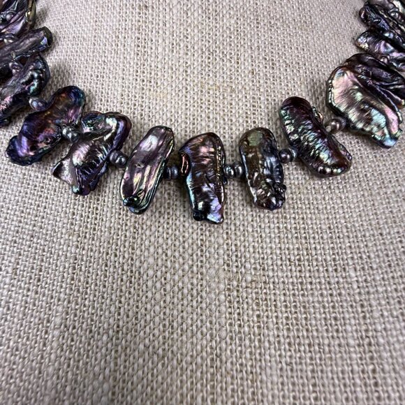 Vintage Freshwater Iridescent Black Pearl Necklace Silver Tone Spacer Beads Magn - Picture 2 of 4
